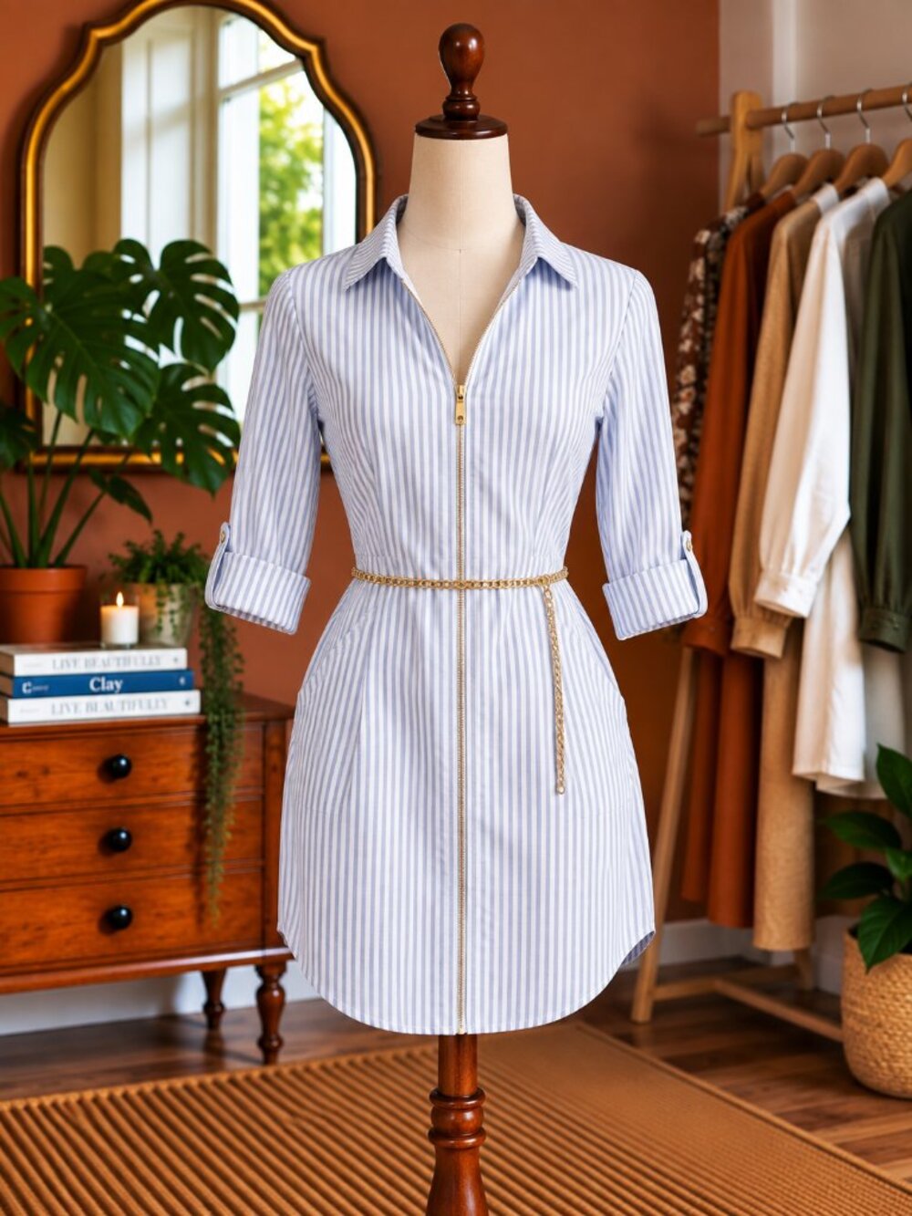Guess Blue and White Striped Long Sleeve Dress